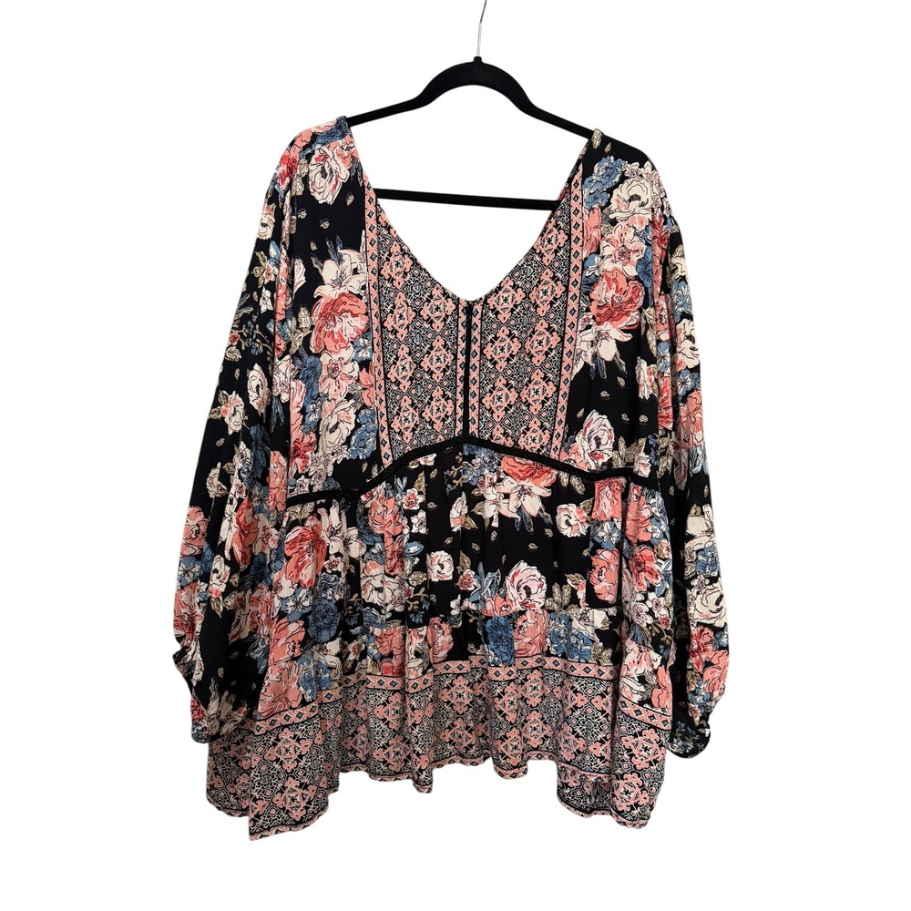 Sky and Sand Floral Babydoll Top Black Pink Blue V-Neck Boho Balloon Sleeve XL